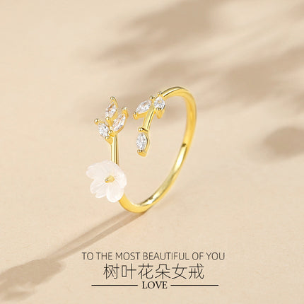 Korean version of small fresh flower ring female 925 silver fashion flower leaves female ring sterling silver bracelet ins jewelry wholesale