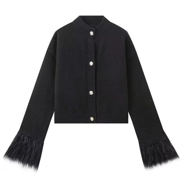 European and American Style Women's Clothing, Popular Cross-Border Product, Lazy and Versatile, Solid Color Spliced Feather Knit Cardigan