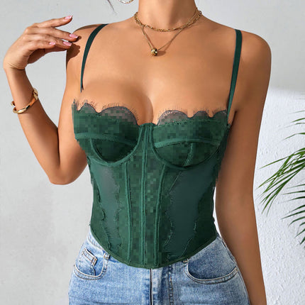 Sexy Push-Up Slim-Fit Fishbone Corset with Eyelash Lace Trim, Sheer Pure Desire Camisole Tank Top for Women to Wear Outside