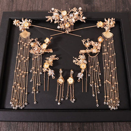 Chinese style hanfu bridal hair accessories suit tassel dragon and phoenix gown ancient style hair accessories wedding Red ancient costume Xiuhe headdress