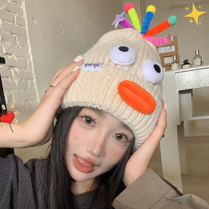 Big Eyes Sausage Mouth Party Funny Wool Hat for Men and Women Cute Color Retractable Tentacles Cute Knitted Hat