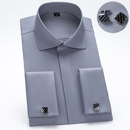 Men's French Cufflinks Shirt Men's Long-sleeved Windsor Collar Buckle Bamboo Fiber Double Stacked Sleeve Business Dress White Shirt