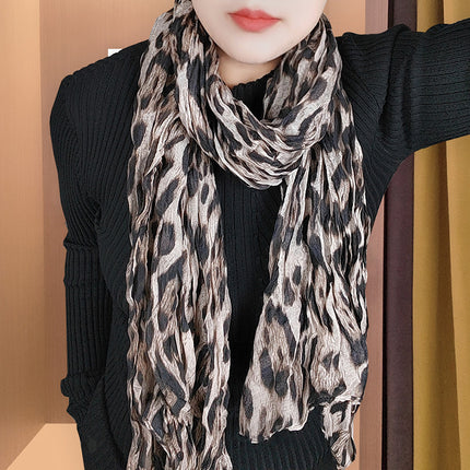 Spring and Summer Cotton Linen Pressed Pleated Leopard Scarf Women Autumn and Winter New Stylish Fashion Beach Scarf Shawl