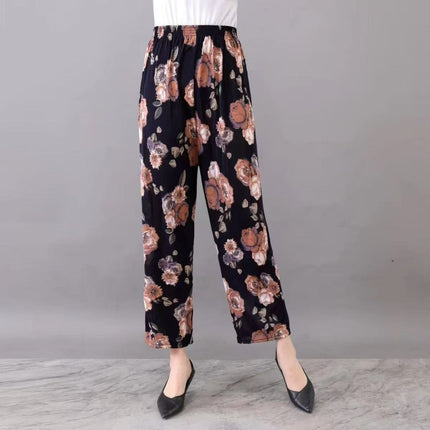 Foreign Trade Plus Size Middle-aged and Elderly Summer Thin Breathable Nine-point Flower Pants Mom Pants Ice Silk Loose Straight Pants