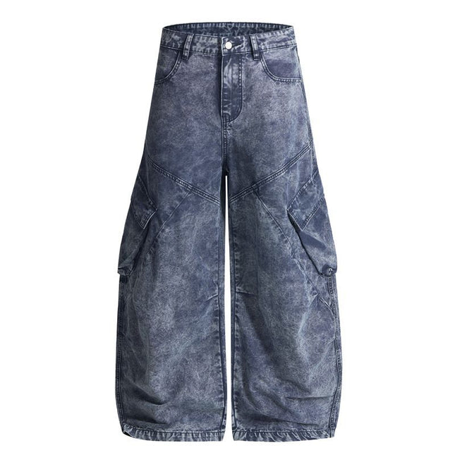 Jiamu Multi-Pocket Pleated American Baggy Silhouette Scimitar Casual Pants for Men and Women Loose Wide-Leg Unisex Cargo Pants