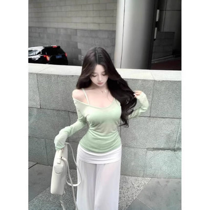 Pure Green Shoulder Long-sleeved T-shirt Women's Spring Thin Slim-fit Blouse Top Stacked with Sling Two-piece Set