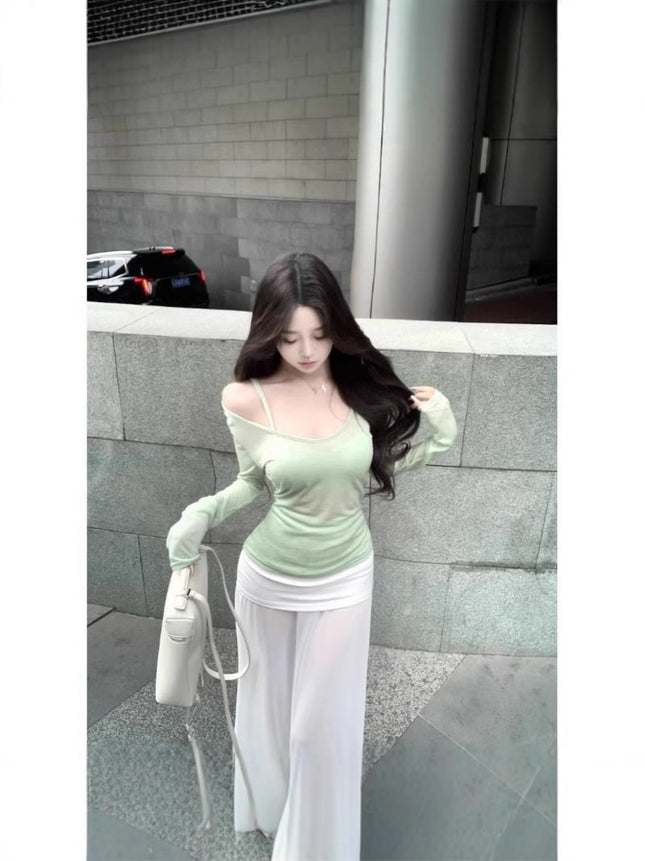 Pure Green Shoulder Long-sleeved T-shirt Women's Spring Thin Slim-fit Blouse Top Stacked with Sling Two-piece Set