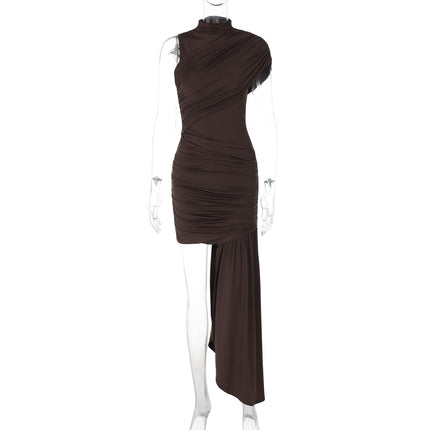 European and American Export New Summer Short Skirt Round Neck Stitching Pleated Irregular Elegant Dress Sexy Slim Dress