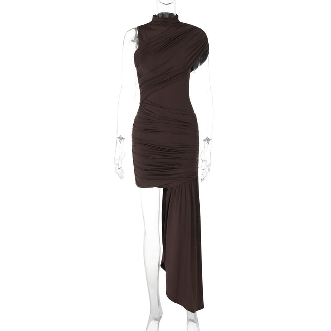 European and American Export New Summer Short Skirt Round Neck Stitching Pleated Irregular Elegant Dress Sexy Slim Dress
