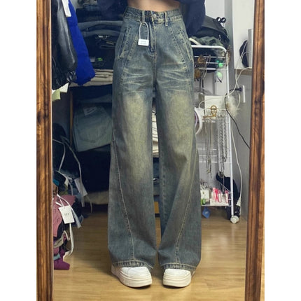 Plus Size Cement Gray Distressed Wide-Leg Jeans for Women, Trendy Versatile High-Waisted Loose Slimming Straight-Leg Designer Pants