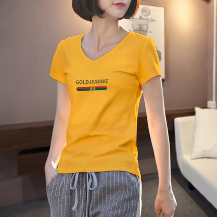 2025 New Summer White Short-Sleeved T-Shirt Women's V Neck Printed Korean Style Foreign Style Slim Shirt Simple Half-Sleeved
