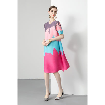 Miyake Pleated 2 Color Optional Contrast Ice-cream Printed Beaded dress Sweet Slimming Women's Crewneck A- Line Skirt