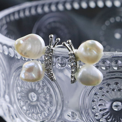 Natural Pearl Butterfly Zircon Sterling Silver Earrings High-End Baroque S925 Silver Simple Handmade Earrings Jewelry