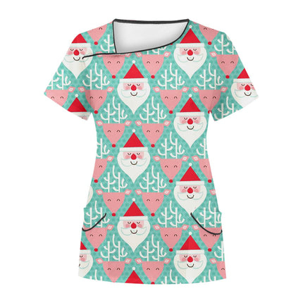 Cross-Border Aliexpress Amazon Women's Short-Sleeved Christmas Positioning Printed Flap Pocket Pants Top Scrub Clothes T-Shirt