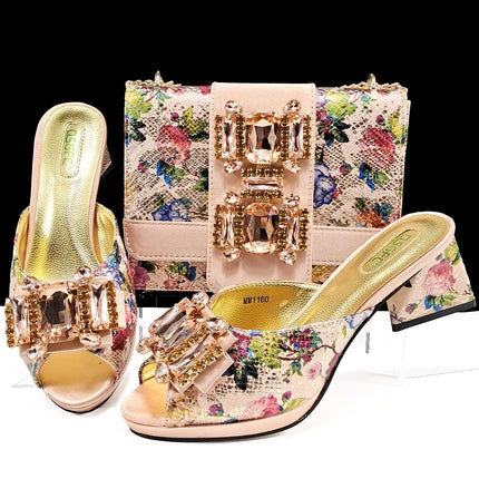 Cross-border Women Open Toe High Heel Slippers Snake-like Fabric Bright Eye Diamond Buckle Decoration Square Soft Bag Fashion Shoe Bag