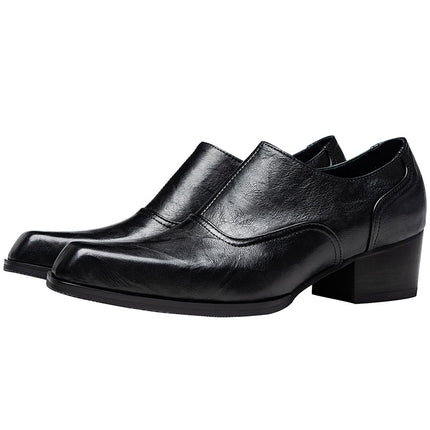 One-piece delivery original 5cm high heel square toe leather shoes men's first layer cowhide hand grip pattern formal wear height increasing Derby shoes