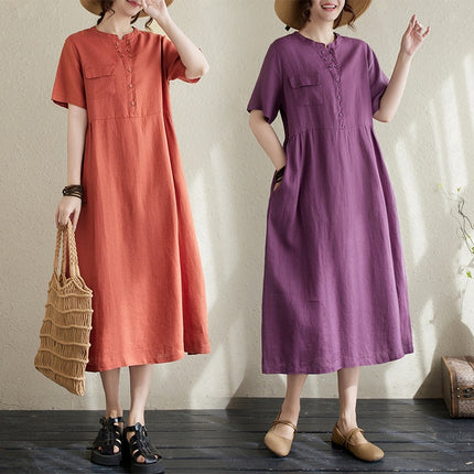 2025 Summer New Japanese Artistic Short-sleeved Cotton and Linen dress Women's Loose Slimming Solid Color Round Neck Long Skirt