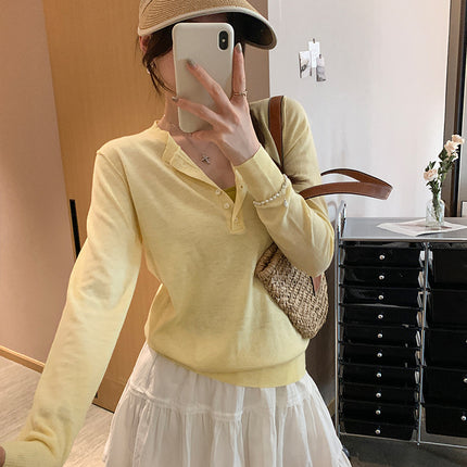 Elegant Slimming Button Design Long Sleeve T-Shirt for Women Early Spring Slim Fit Casual Base Layer Top