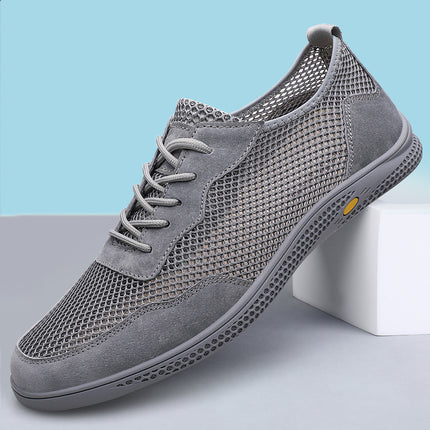 Men's Shoes 2025 Summer New Men's Fly-Woven Mesh Breathable Hollow Leather Shoes Deodorant Feet Flats Wear-Resistant Casual Shoes