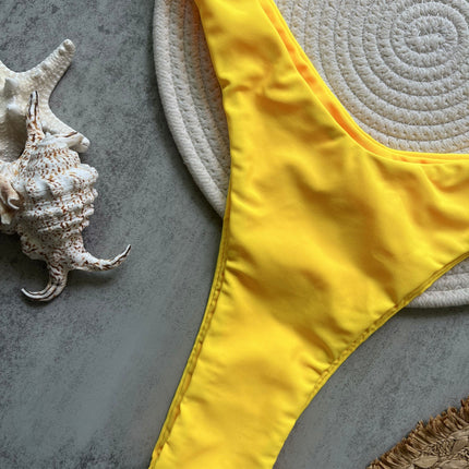 2025 Yellow Metal Accessories New Pure Color Bikini Sexy Backless Split Swimsuit Nylon Bikini Ready Stock