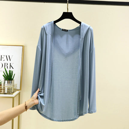 Modal Hooded Cardigan Women's Summer 2025 Thin Long-sleeved Air-conditioning Shirt Loose Sun-protective Clothing Solid Color Top Jacket