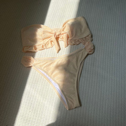 2025 European and American New Pure Color Floral Special Fabric Tube Top Split Swimsuit Swimsuit Bikini Bikini Cross-Border