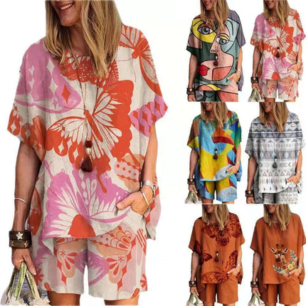 Amazon spring and summer plus size loose chubby girl temperament leisure sports fashion short sleeve sports suit foreign trade wholesale