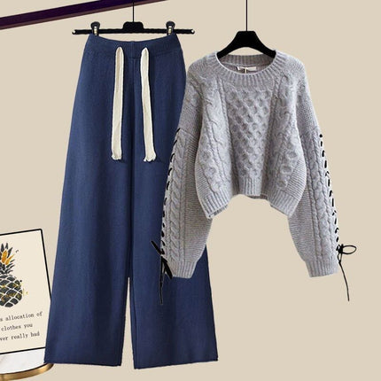 plus size Women's Autumn and Winter suit Women's 2024 New Pullover Knitted Sweater Women's Loose Slimming Wide Leg Pants Two-piece Set