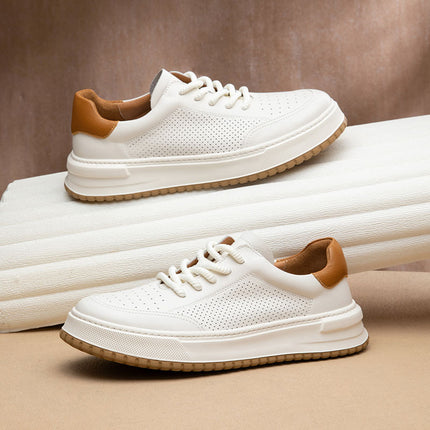 New White Shoes Men's Shoes Fashionable Casual Leather Breathable Hollow-out Low-top Shoes All-match Lightweight Board Shoes with Elevated Thick Sole