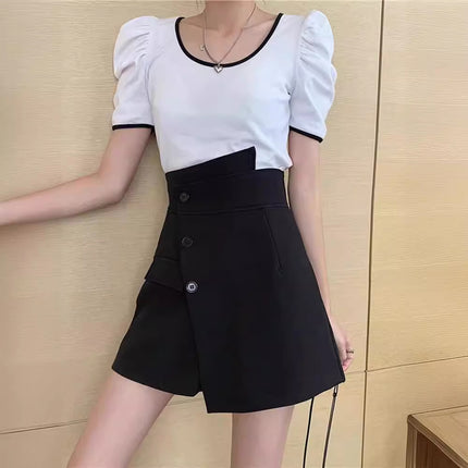 Irregular design suit culottes European and American high waist shorts women's A- line hip slimming temperament row button front skirt back pants