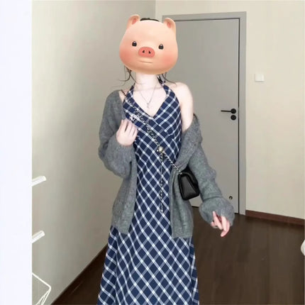 French style plaid suspenders dress women's 2025 new summer small a set of wear long skirt