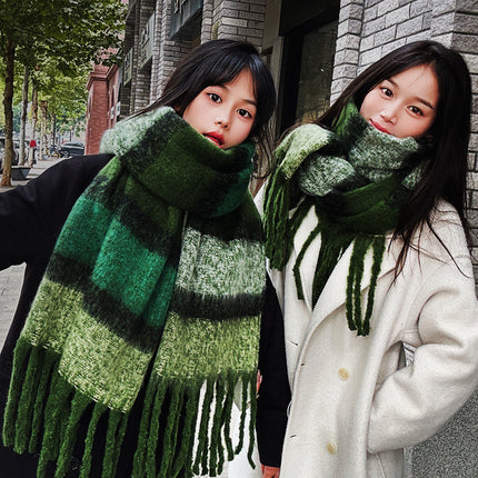 Infinite Forest Green ~ dark blue light blue * green striped tassel scarf Korean style versatile retro scarf for women autumn and winter
