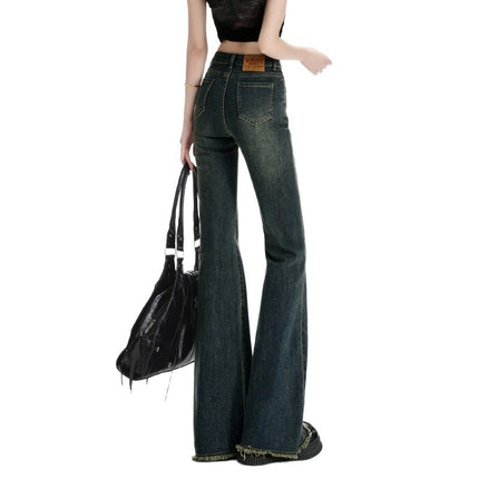 Vintage Flared Jeans for Women 2025 Autumn New High-Waisted Stretchy Slim Fit Frayed Hem Floor-Length Pants
