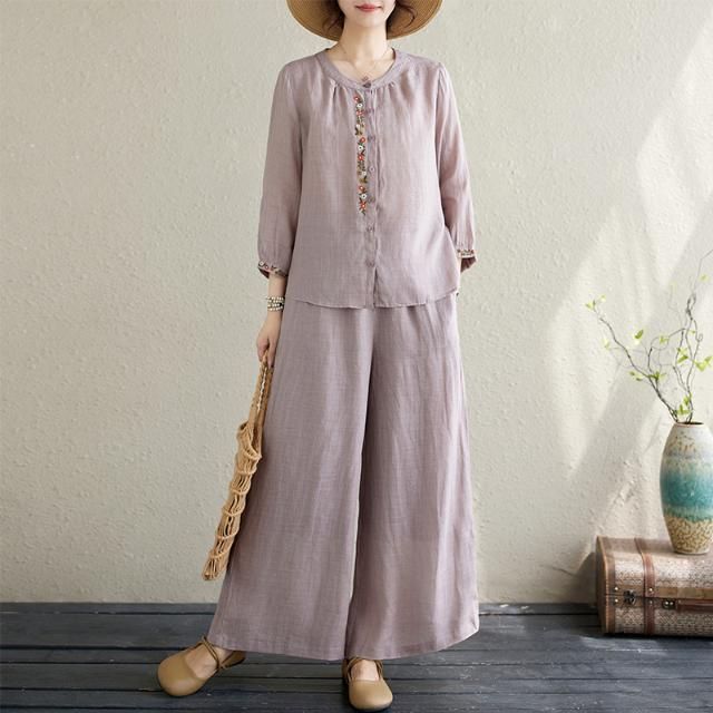 plus size Spring Dress Women's New Chinese Cotton and Linen suit Mother Western Style National Style Embroidered Top Fashion Casual Two-piece Set