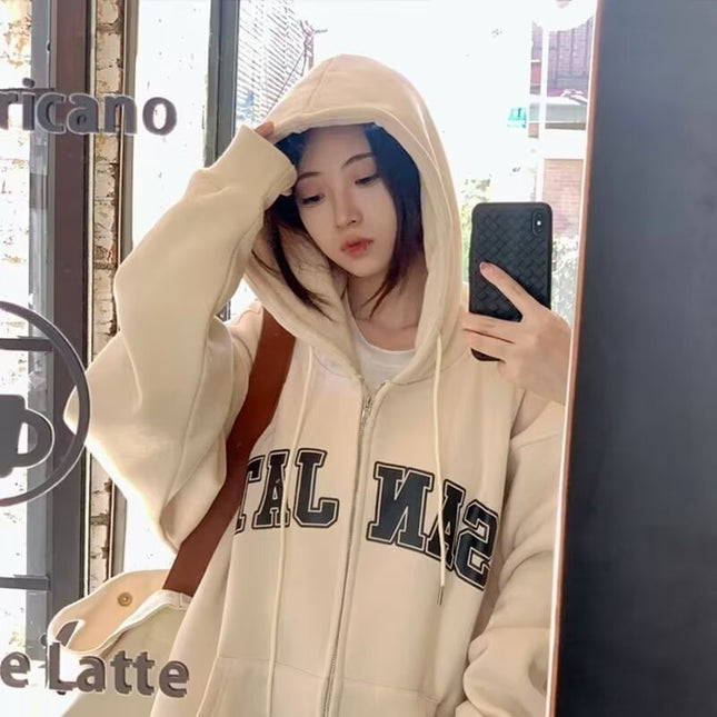 Factory Straight Hair Retro National Fashion fleece-lined Cardigan Hooded Sweater Women's 2023 Autumn and Winter New Loose Lazy Wind Couple