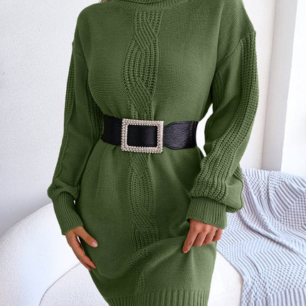 Clearance Sale Autumn/Winter European and American Casual High-Neck Cable-Knit Lantern Sleeve Sweater Dress Amazon Hot-Selling Cross-Border Women's Clothing