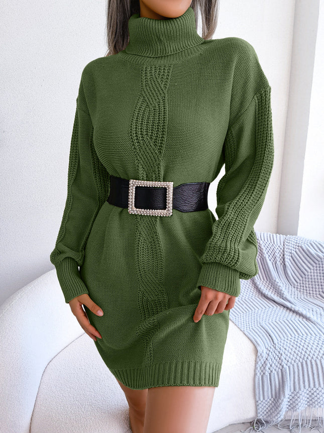 Clearance Sale Autumn/Winter European and American Casual High-Neck Cable-Knit Lantern Sleeve Sweater Dress Amazon Hot-Selling Cross-Border Women's Clothing