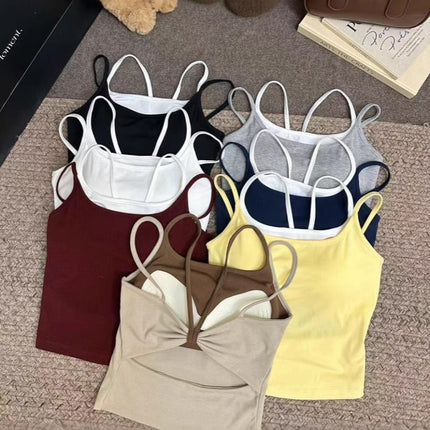 Spice Girl Vest Fake Two-piece Bow Hollow Beauty Back Sling Fixed Cup Stitching Contrast Color Slim-fit Base Vest