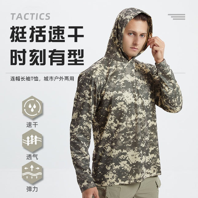 New Men's Long-Sleeved Quick-Drying Hooded Sun Protection t Outdoor Tactical Sports Physical Fitness Breathable Camouflage T-Shirt Camping Style Fishing