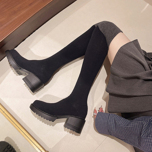 Over-The-Knee Boots for Women 2025 Autum New Internet Celebrity Slim Boots Medium Thick Heel Knitted Elastic Socks Boots Long Boots Large Size
