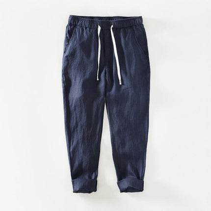 P8236 Summer New Pure Color Simple Casual Pants Men's Linen Breathable Lace-Up Pants Men's One-Piece Drop Shipping