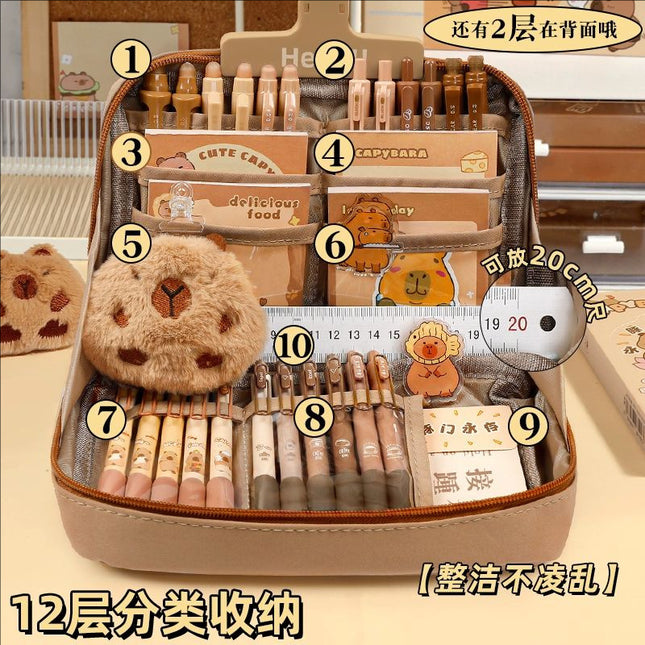 Capybara Pencil Case 12-Layer Canvas Large Capacity Korean Style Stationery Set / Trousse Capybara 12 Couches Toile Grande Capacité Style Coréen Ensemble Papeterie