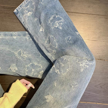 Vintage Butterfly Jacquard Straight-Leg Jeans for Women 2025 Autumn New Petite High-Waisted Floor-Length Pants