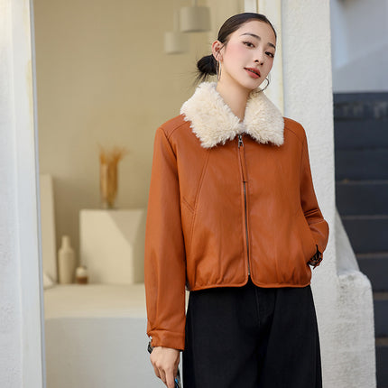 Winter Padded Leather Jacket for Women, Short Style, Petite Size, Plus Size, Age-Reducing Cotton Coat, 2025 Winter Slimming Sheepskin Jacket