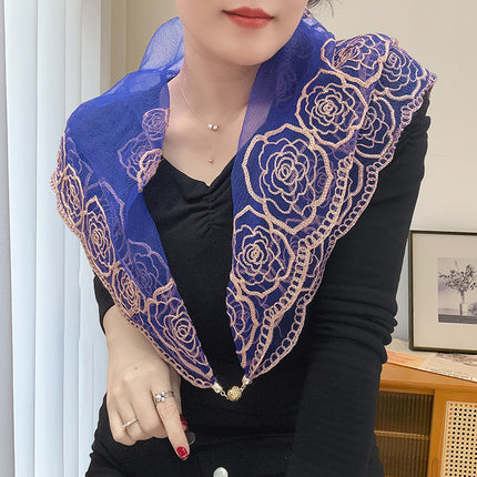 Spring and Summer Transparent Yarn Magnetic Buckle Turban Thin Embroidered Silk Scarf Women's Gift Scarf Mother Air Conditioning Shawl New Style