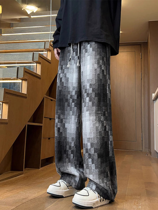 plus size American Retro Pixel Plaid Pants Men's Autumn and Winter Fashion Brand High Street Niche Design Loose Casual Pants