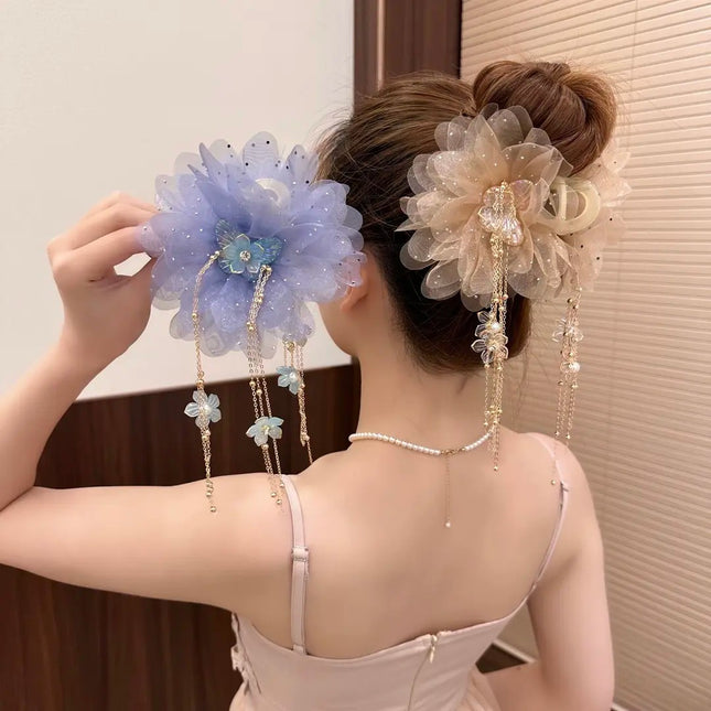 Spring and Summer New Style Versatile Hair Clip with Tassels, Flower Bow, and Mesh Flower Decoration