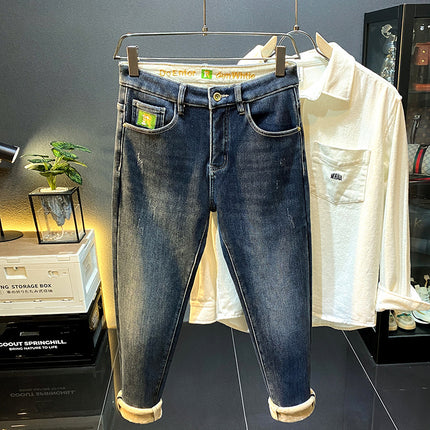 Flannel Winter fleece-lined Thickened Jeans Men's New Straight Fleece Warm Slim-fit Small Leg Casual Long Pants