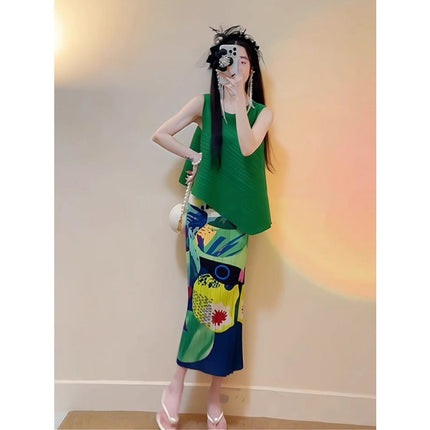 European Fashion Western Style Loose Slim Pleated Green Top Lazy Relaxation Niche suit Skirt