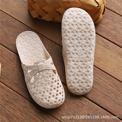 Non-slip Slippers Summer Flat Bottom Baotou Hole Bathroom Middle-aged and Elderly Anti-fall Hollow Soft Bottom Beach Fashion Home